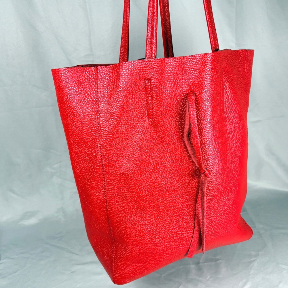 Vera Pelle Red Pebbled Leather Tote Bag Made in Italy Shopper w/  Pouch Boho - Picture 6 of 7
